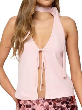 Edikted Light Pink Tie Front Halter Top